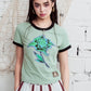 Women's Rose Print Cropped Ringer T-Shirt Color-Block Trim Baby Tee Short Sleeve Casual Fit Top
