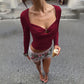 Long Sleeve Top Sweetheart Neck Front Cutout Burgundy Black Fall T Shirts Woman Clothing