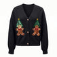 Womens Christmas Cropped Knit Cardigan V Neck Sequin Gingerbread Man Xmas Tree Patch Lantern Sleeve Button Down Sweater