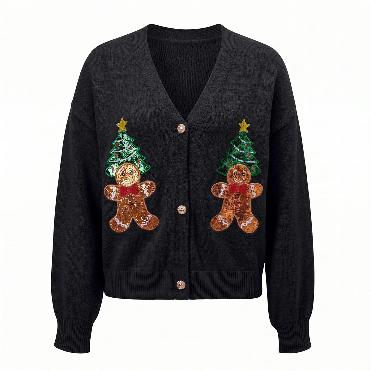 Womens Christmas Cropped Knit Cardigan V Neck Sequin Gingerbread Man Xmas Tree Patch Lantern Sleeve Button Down Sweater