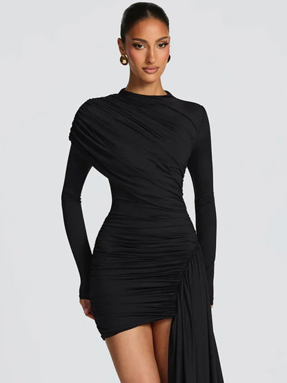Long Sleeve Draped Ruched Sexy Mini Dress Women Gown Elegant O Neck High Waist Bodycon Club Party Dresses Female