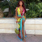Colorful Print Sexy 2 Piece Set Open Back Halter Top and Split Long Skirts Woman Vacation Outfits
