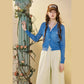 Women's V Neck Crop Knit Cardigan with Cartoon Embroidery, Casual Long Sleeve Knit Top, Sweet Preppy Style Outerwear