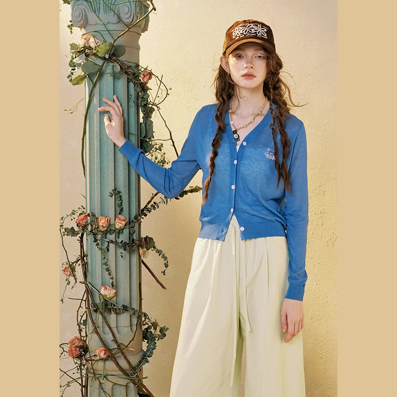 Women's V Neck Crop Knit Cardigan with Cartoon Embroidery, Casual Long Sleeve Knit Top, Sweet Preppy Style Outerwear