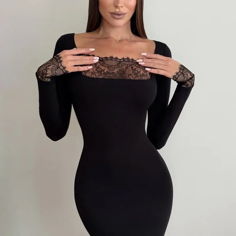 Black Long Sleeve Bodycon Mini Dress with Lace Trim Square Neck and Cuffs 2026 Fall Dresses for Woman Elegant