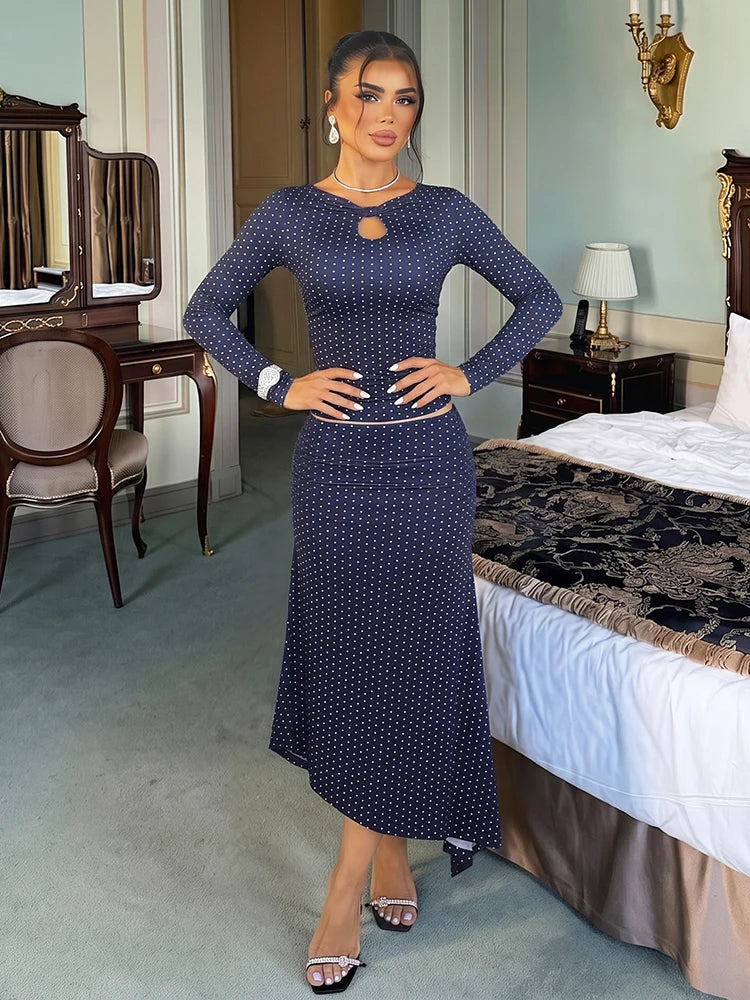 Casual Elegant 2 Piece Set Woman Polka Dot Print o-Neck Hollow Full Sleeve T-Shirts+Elastic Waist Long Skirts Suits