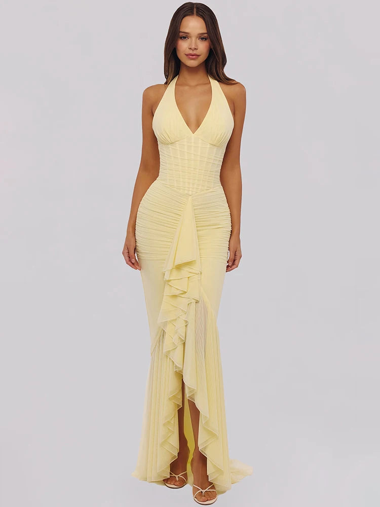 Mesh Deep V Neck Backless Sexy Maxi Dress Women Elegant Halter Off-shoulder Sleeveless Ruffled Club Party Long Dress