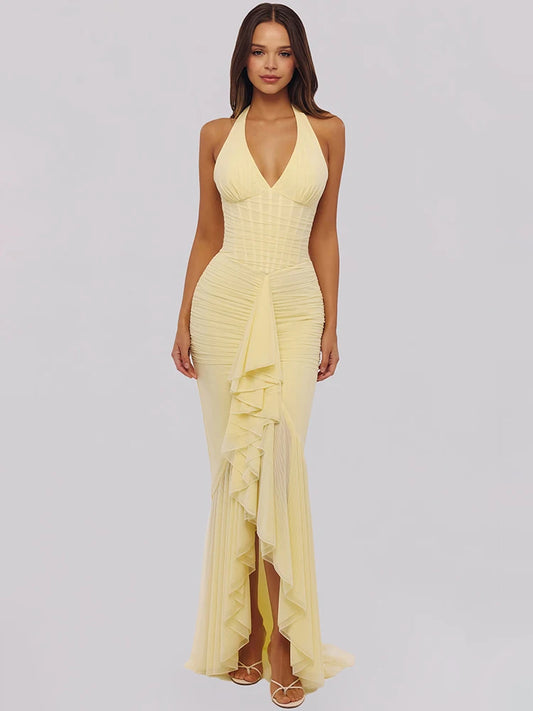 Mesh Deep V Neck Backless Sexy Maxi Dress Women Elegant Halter Off-shoulder Sleeveless Ruffled Club Party Long Dress