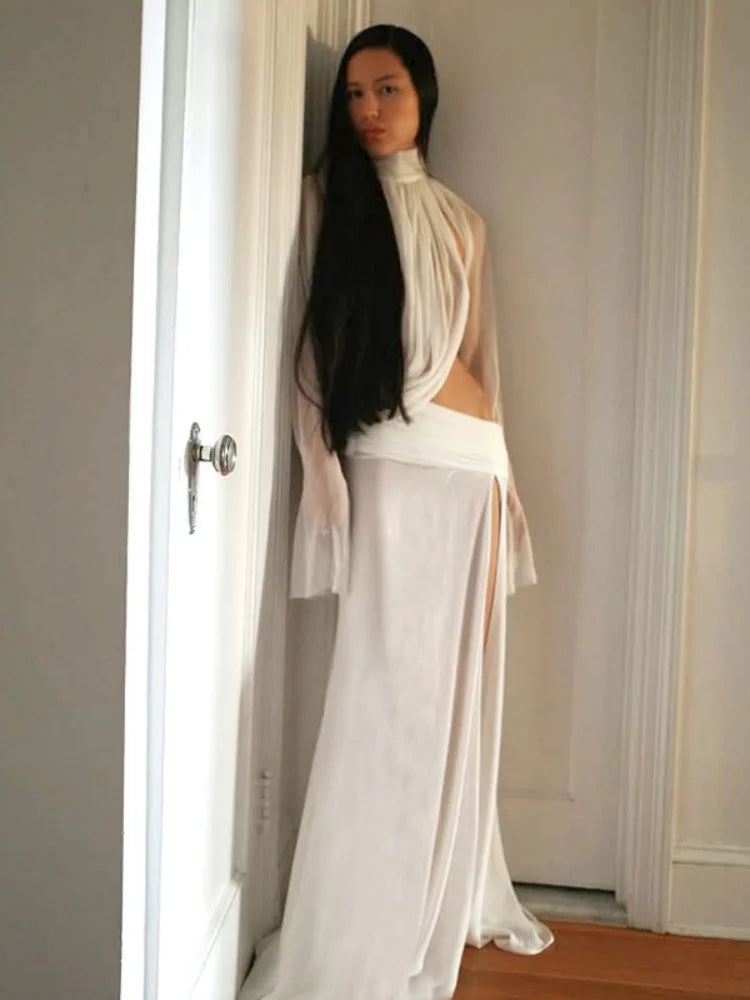 White Mesh Sheer 2 Piece Set Turtleneck Flared Sleeve Top Split Skirt Sexy Outfits Women's Matching Sets