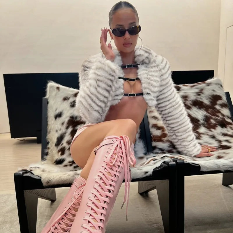 Metal Leather Buckle Faux Fur Crop Jacket Woman Streetwear Fashion Sexy Winter Coats 2025 New Arrivals