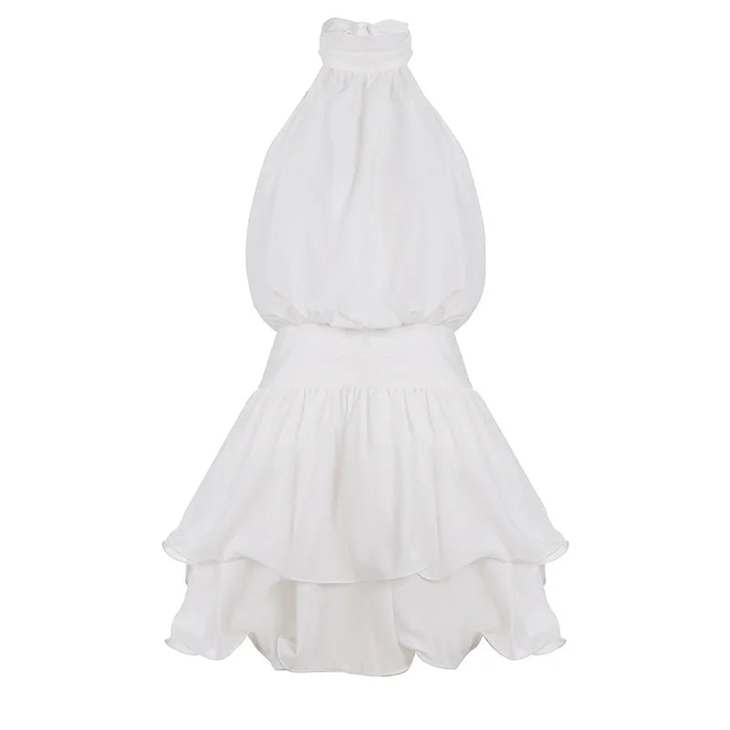 Coquette Open Back Halter Neck Ruffle Mini Dress Sexy White Birthday Dress Party Outfit for Woman 2026
