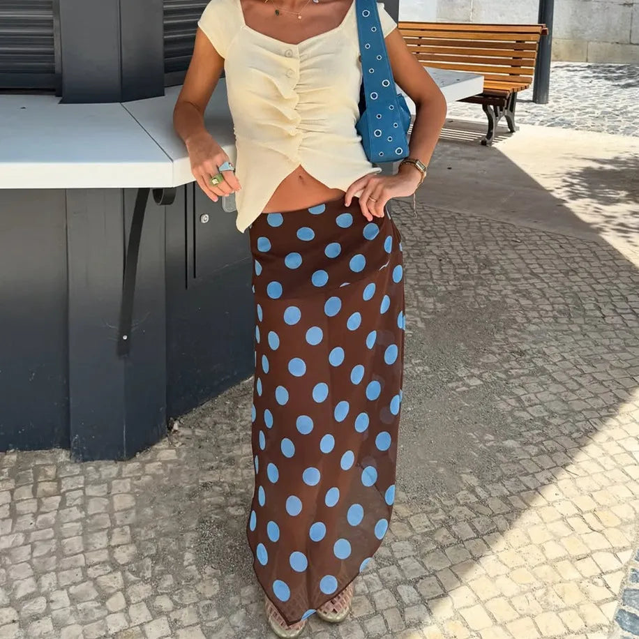 Elegant Blue Polka Dot Skirt Women's Asymmetrical Chiffon Midi Skirt Y2K Summer Fashion Holiday Party Casual Lady Skirt