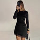 Long Sleeve Mini Dress with Asymmetric Lace Hem Fall 2026 Fashion Black Dresses Woman Elegant