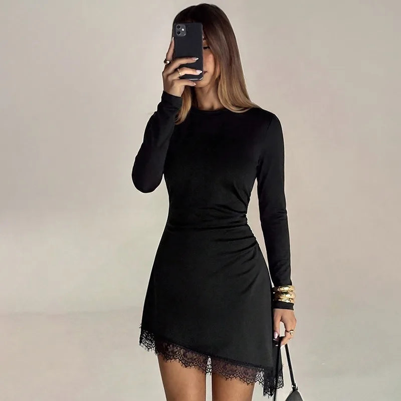 Long Sleeve Mini Dress with Asymmetric Lace Hem Fall 2026 Fashion Black Dresses Woman Elegant