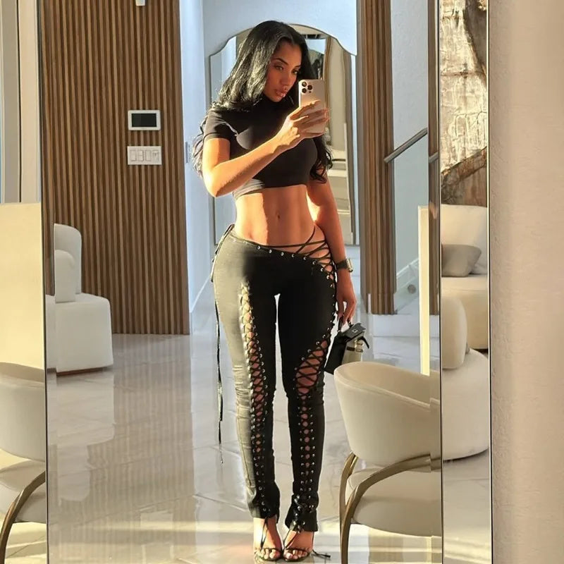 Hollow Bandage 2 Pieces Set for Woman Sexy Clubwear Rave Outfits Festival Halter Top and Leggings Pants Suits