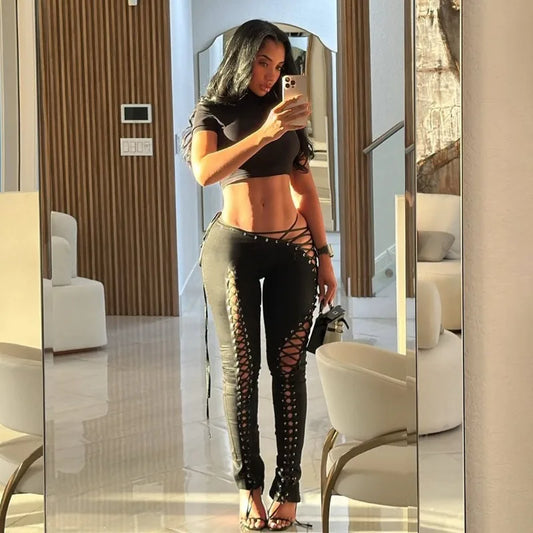 Hollow Bandage 2 Pieces Set for Woman Sexy Clubwear Rave Outfits Festival Halter Top and Leggings Pants Suits