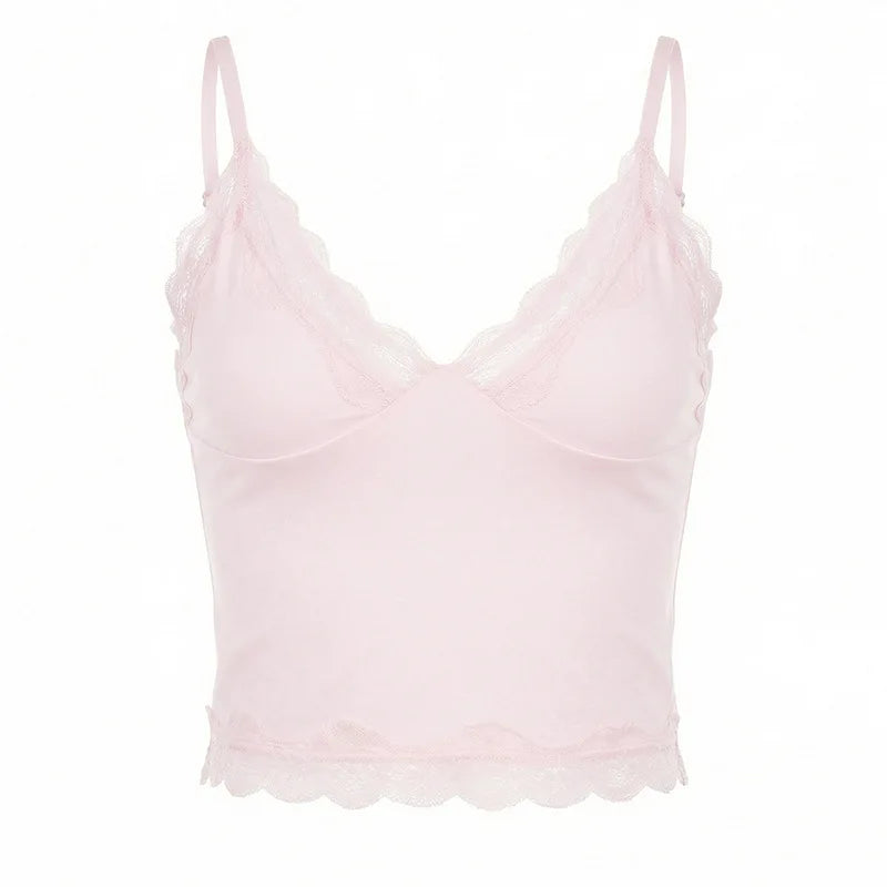 Cropped Tops with Lace Trim Cute Sexy Pink Deep V Neck Backless Tanks Camis 2026 Summer Clothes for Women