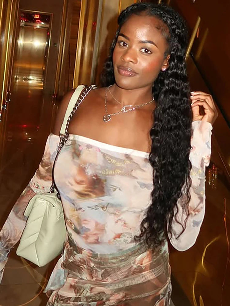 Slash Neck Dress Women See Through Full Sleeve Tie-Dye Print Coquette Autumn Trend Skinny Midnight Club Party Bodycon