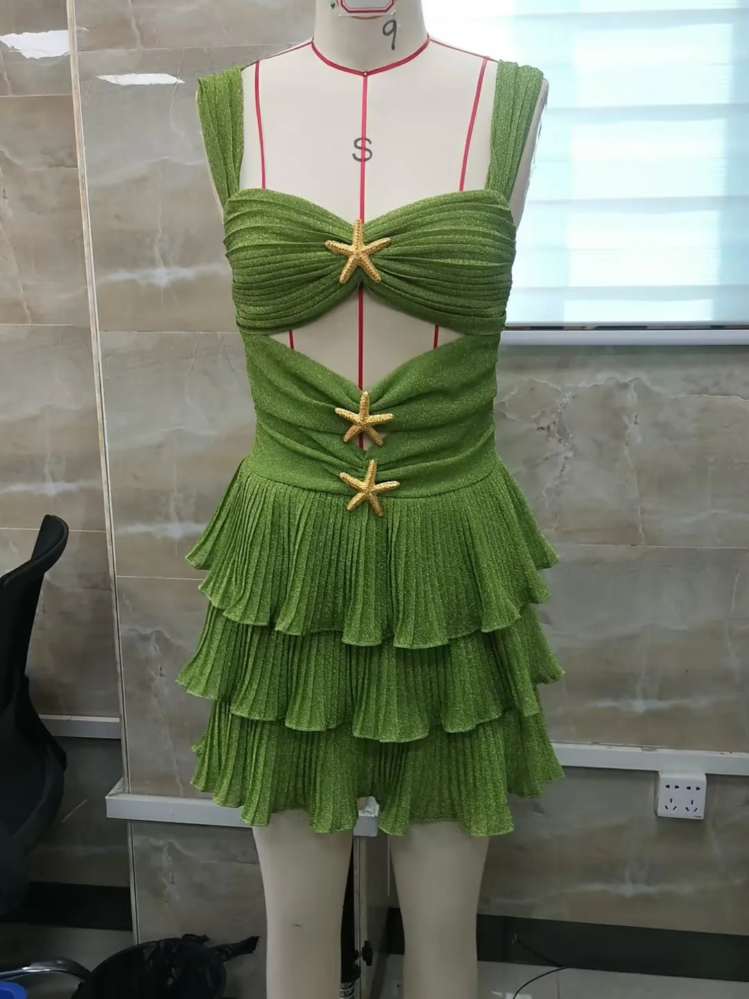 Women Sequin Starfish Mini Dress Spaghetti Strap Cut Out Layered Ruffle Dress Sparkly Y2k Short Cami Dress Party