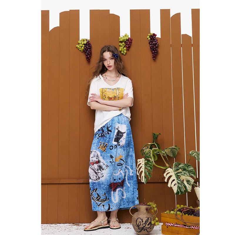 Fox Print Oversized T-Shirt, White Short Sleeve Tee Casual Cartoon Graphic Top