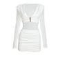 Metal Decoration Dress Women v-Neck Full Sleeve Folds Elasticity Skinny Autumn Fashion Party Classic Mini Bodycon