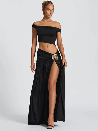 Elegant Dress Set Women Skew Collar Crop Top And Split Skirt Matching Set Fashion Backless Pleated Skirt Two Piece Set