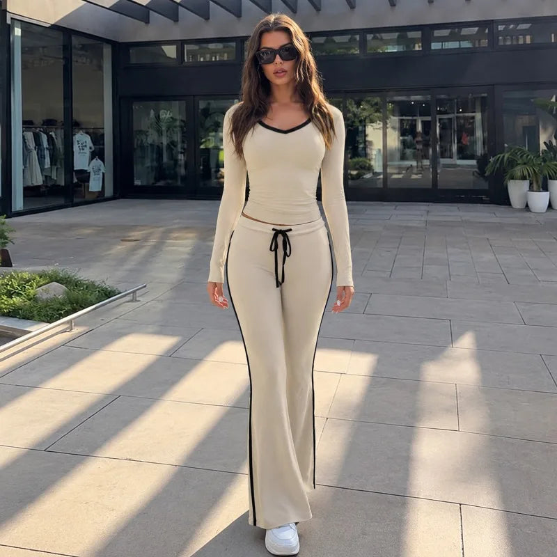 2 Piece Set Black Side Strip Long Sleeve Top and Flare Pants Sports Casual Fall Outfits Woman Loungewear Sets