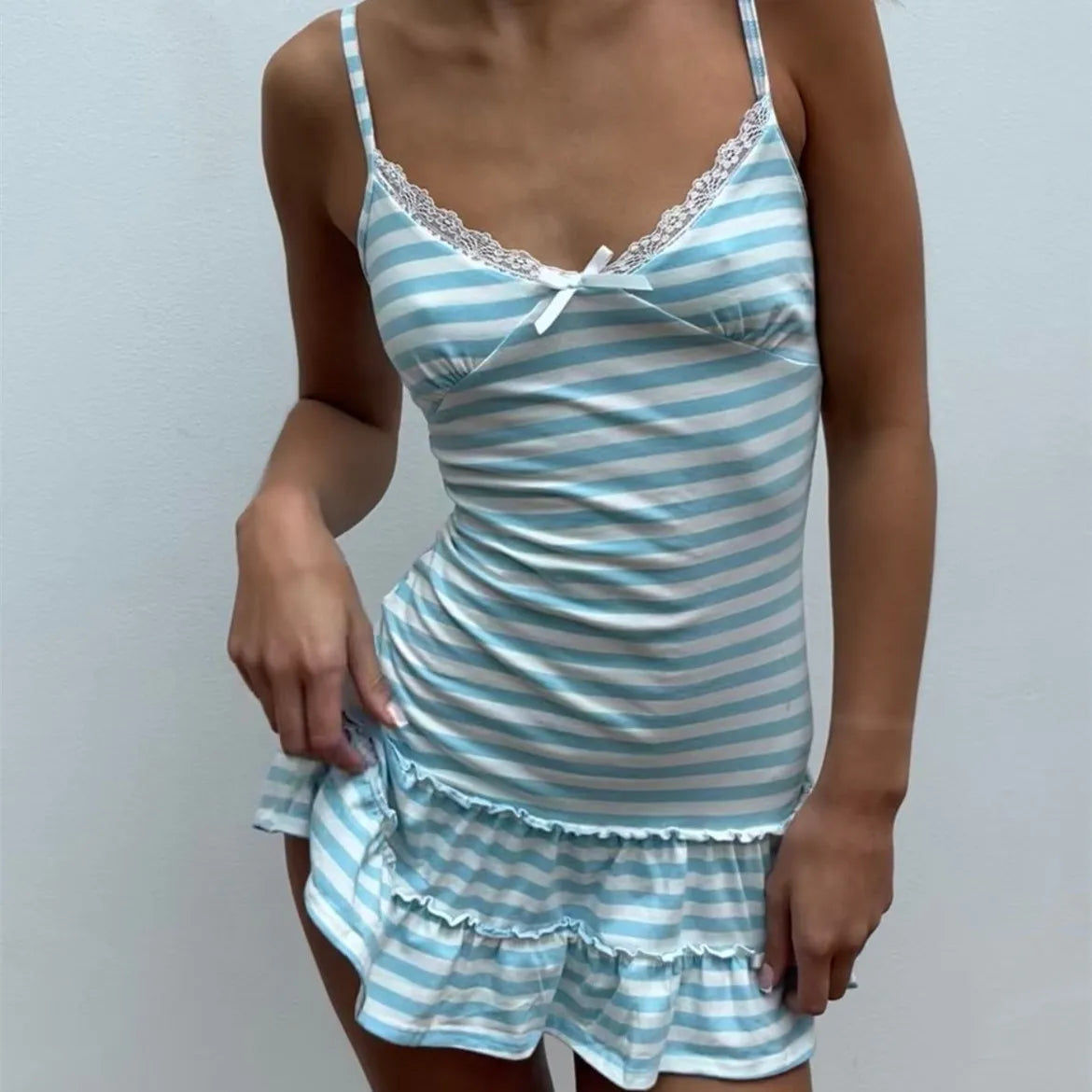 Summer Women Striped Polka Dot Print Bodycon Mini Dress Lace Trim Spaghetti Strap Ruffle Hem Bow Y2K Coquette Dress
