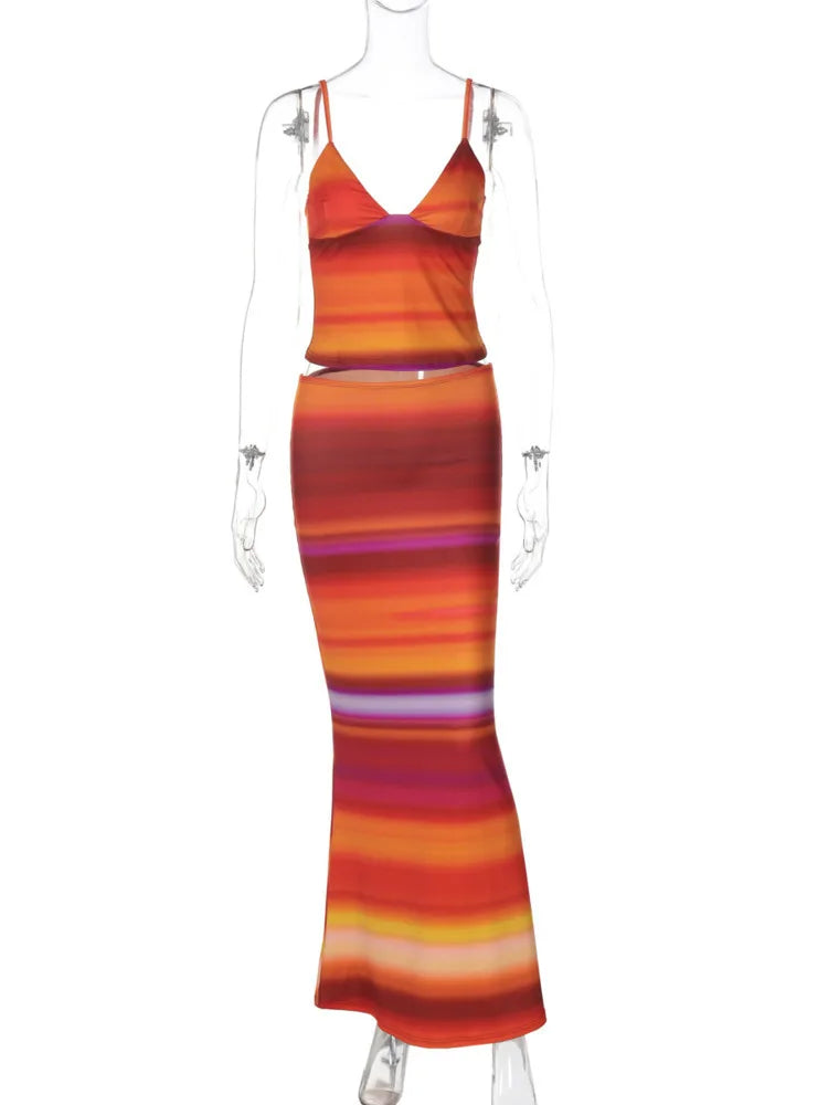 Print Sexy 2 Piece Sets Women Summer New V Neck Crop Tops And Maxi Skirt Female Elegant Club Party Slim Skirt Set