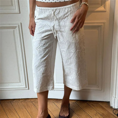 Women Eyelet Embroidery Capri Pants Elastic Drawstring Waist Hollow Loose Cropped Wide Leg Y2K Vintage Casual Trousers