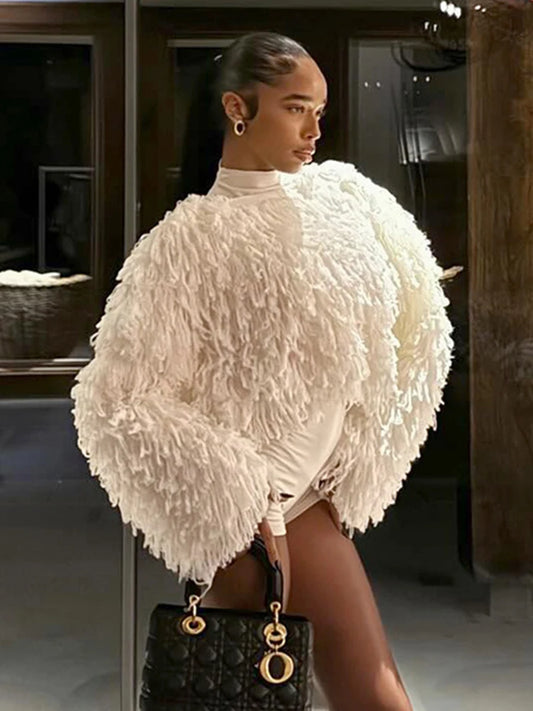 Street Fashion 2 Piece Set Woman o-Neck Full Sleeve Furry Tassel Sweater+Turtleneck Skinny Romper Causal Elegant Outfits