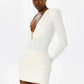 Women Deep V Neck Shoulder Pads Sexy Mini Dress Long Sleeve Gold Metal Decor Ruched Bodycon Dress Nightclub Party Dress