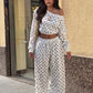 Casual Fashion 2 Piece Set Woman Polka Dot Print Skew Collar Full Sleeve T-Shirts+Drawstring Long Pants Classic Suits