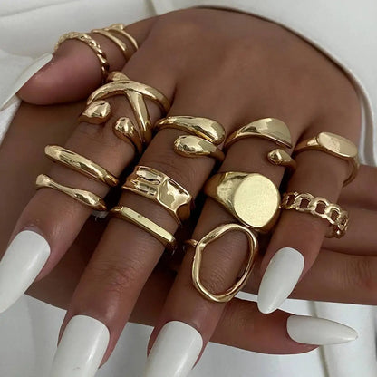 14Pcs/Set Punk Irregular Water Drop Open Rings for Women New Trend Vintage Adjustable Finger Rings Couple Jewelry Gift
