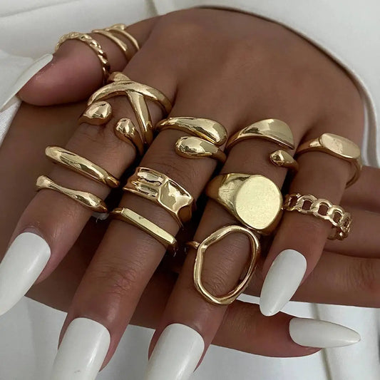 14Pcs/Set Punk Irregular Water Drop Open Rings for Women New Trend Vintage Adjustable Finger Rings Couple Jewelry Gift