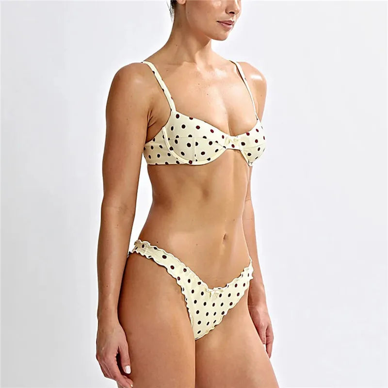 Women Dots Print 2pcs Bikini Set Holiday Swimsuits Tie-Up Back Bikini Tops Low Rise Thongs Female Bathing Suit Beachwear