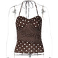 Brown Polka Dot Print Backless Halter Tops Women's Tanks Camis Summer 2026 Fashion Clothes