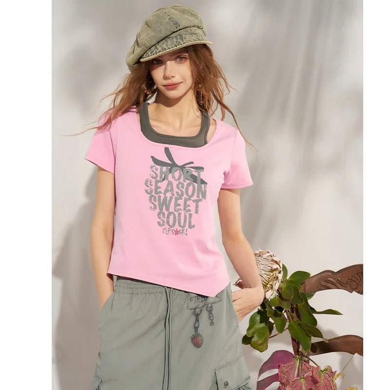Women's Strawberry Letter Print Ribbed Knit T-Shirt, Cute Slim Fit Casual Streetwear Crop Top, 2 Colors Available
