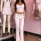 Polka Dot Patchwork 2 Piece Set Woman Bow Low-Neck Backless Crop Tops+Button Decoration Long Pants Elegant Style Suit