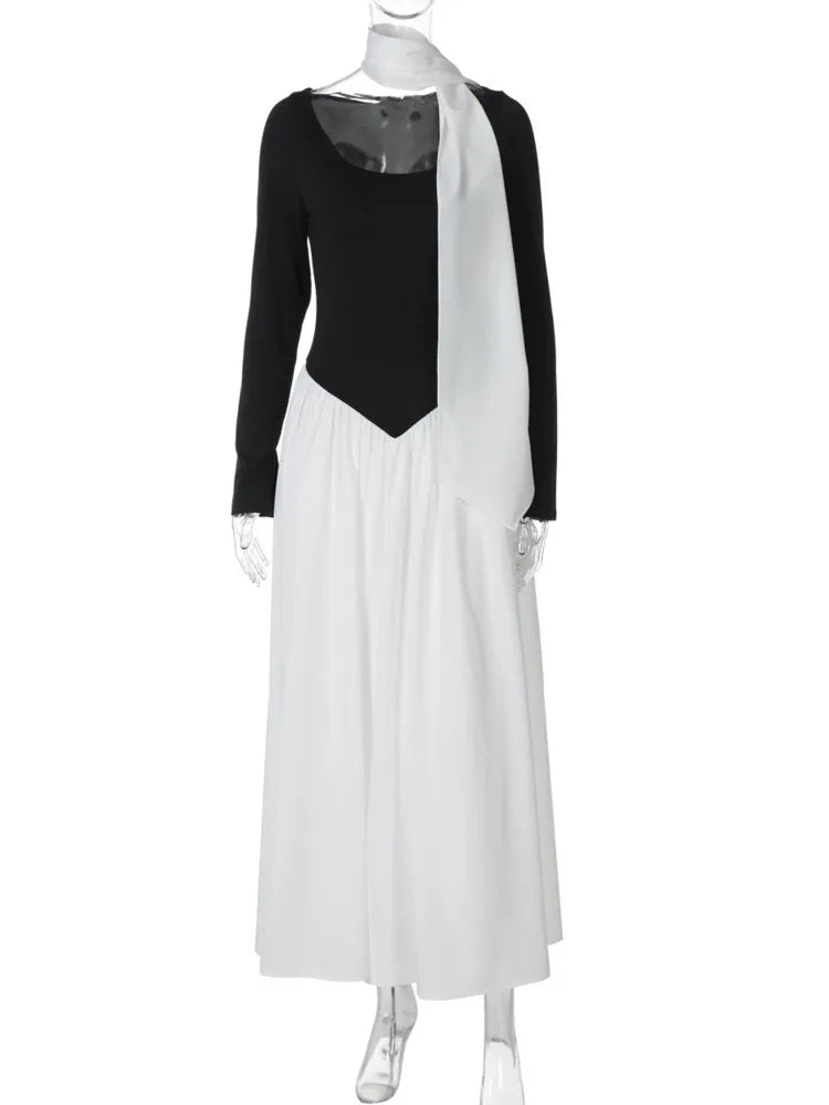 Patchwork Long Sleeve Sexy Maxi Dress Women Fashion Autumn Winter Contrast Color O Neck Pleated Club Party Long Dresses