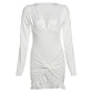 Sexy Deep V Neck Ruched Long Sleeve Dresses Elegant Clothes Woman Fall 2025 White Short Party Dress