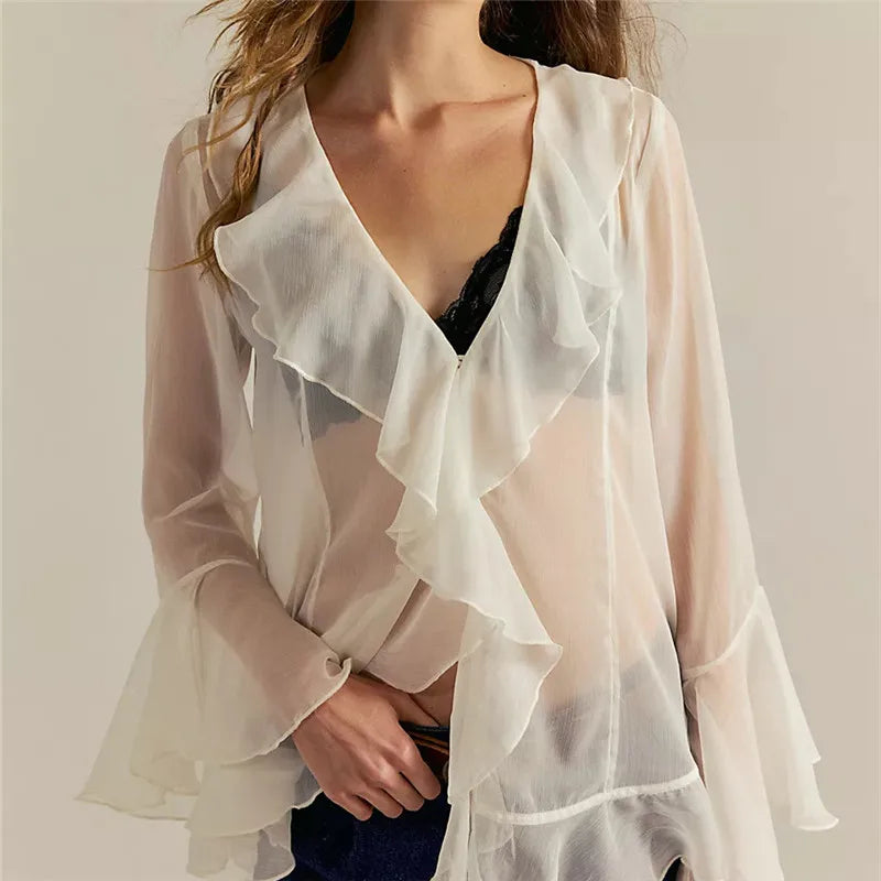 Women Sheer Lace Ruffled Flowy Tops Chiffon Frilly Layered Bell Sleeve Pirate Top Sexy See Through Blouse Mesh Shirt