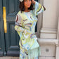 Autumn Trend Sexy Colorful Print Mesh Dress Women Fashion Chic Puff Sleeve O-Neck Elegant Vacation Party Club Bodycon