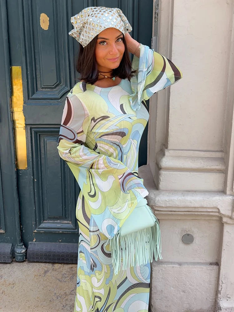 Autumn Trend Sexy Colorful Print Mesh Dress Women Fashion Chic Puff Sleeve O-Neck Elegant Vacation Party Club Bodycon
