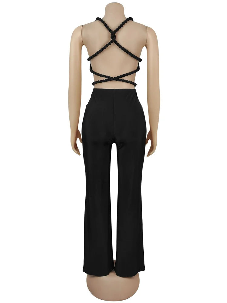 Hollow Jumpsuit Women Halter Chest Wrapped Waistless Backless Bandage Appliques Sexy Hottie High Street Hipster Overalls