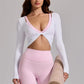 Womens Workout Tops Long Sleeve Deep V Neck Solid Color Twist Front Slim Fit Cropped Shirts for Gym Yoga Ballet Pilates