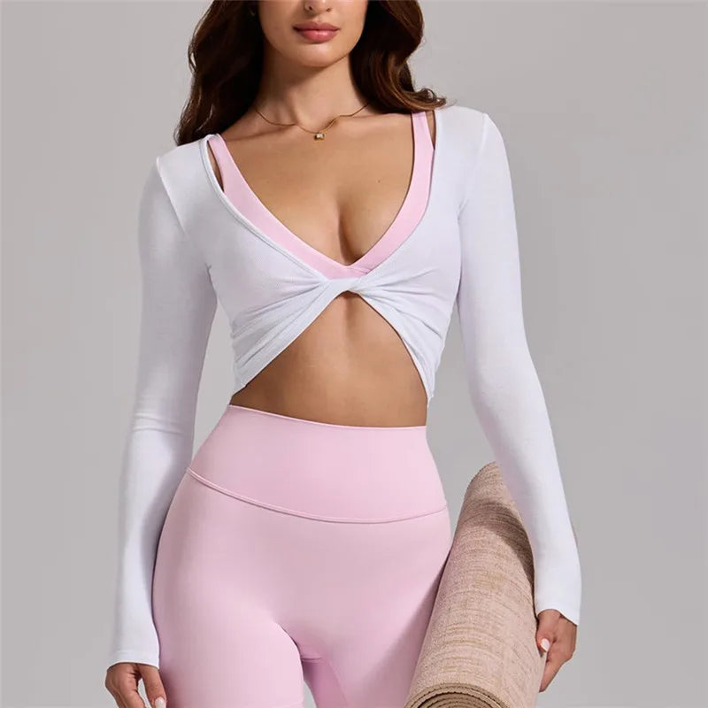 Womens Workout Tops Long Sleeve Deep V Neck Solid Color Twist Front Slim Fit Cropped Shirts for Gym Yoga Ballet Pilates