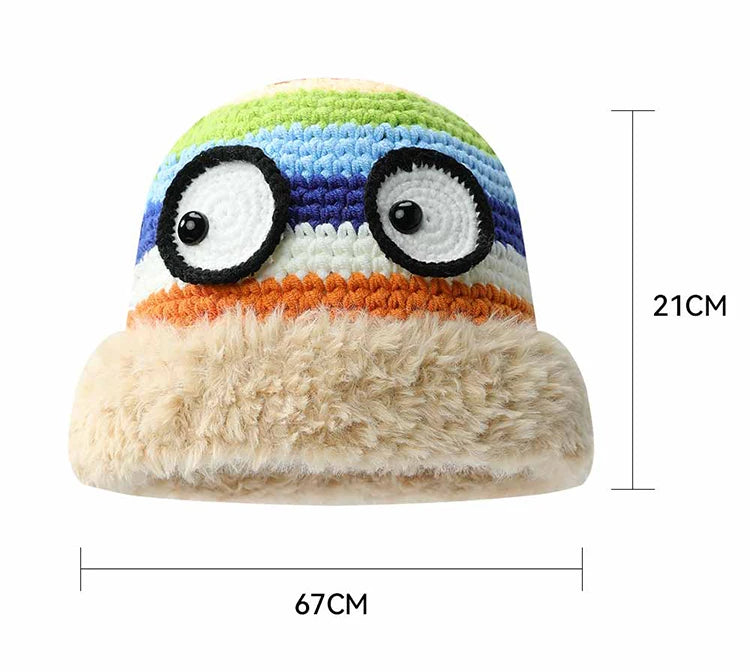 Cute Rainbow Striped Crochet Eye Plush Brim Hat For Women