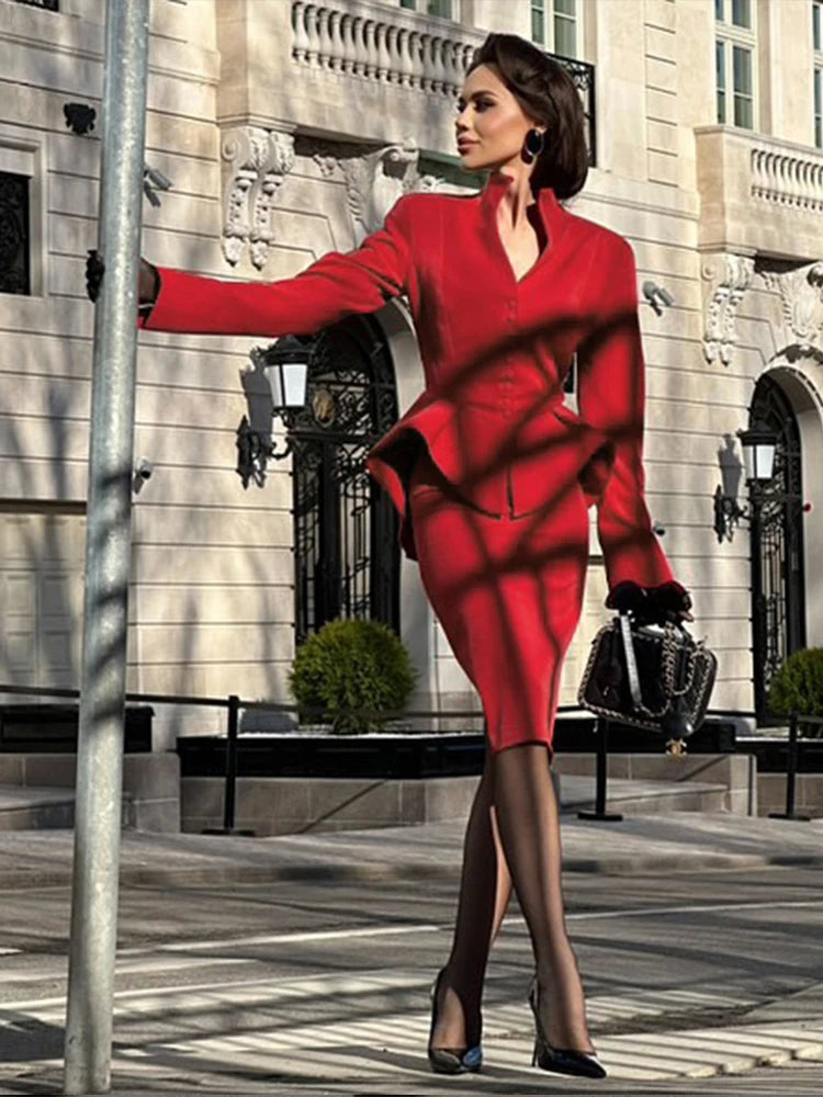 Elegant Office 2Piece Set Women Classic Long Sleeve Single Button Ruffled Jacket+Peach Hip Mid Skirt Matching Outfits