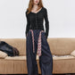 Women's V Neck Long Sleeve Tee with Ruched Front, Black Button Crop Top, Slim Casual Fall Top
